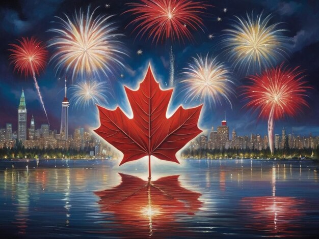 a maple leaf is in front of a lake with fireworks