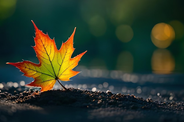 A maple leaf is on the ground in the sunlight