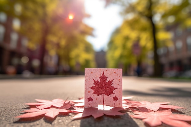 A maple leaf is placed on a sidewalk in front of a tree with the word canada on it.