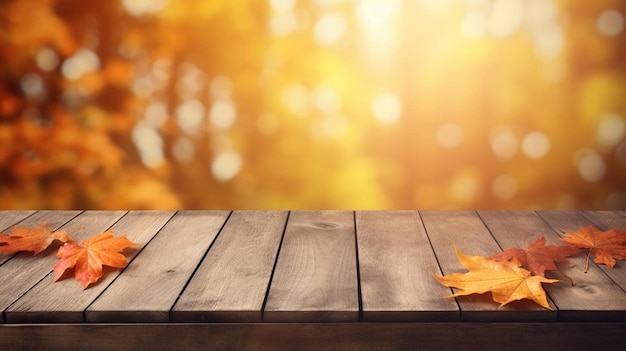 A maple leaf on a table with autumn leaves