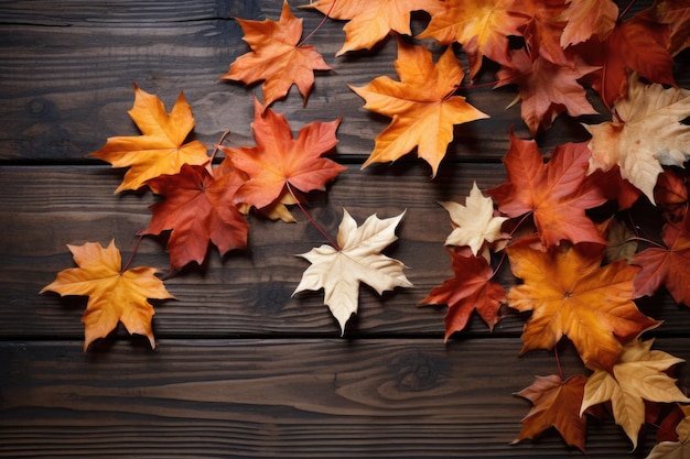 Maple leaves scattered on a wooden table