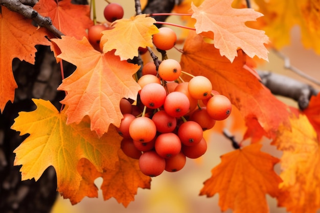 maple and oak leves on bush in autumn