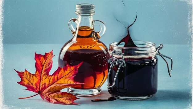 Photo maple syrup in a cup with maple leaf decoration beautiful presentation of maple syrup with maple le