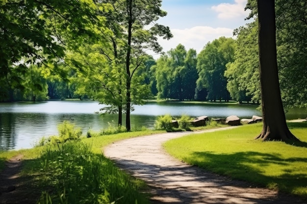 Photo maple tree by serene lake under cloudy sky lush green grassy bank creating peaceful natural landscape in park green black white dominant colors