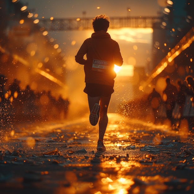 A marathon athlete is seen from behind competing on a stadium field in pursuit of victory