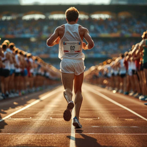 A marathon athlete is seen from behind competing on a stadium field in pursuit of victory