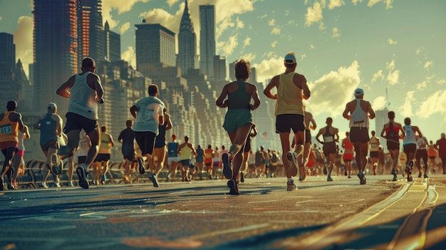 A marathon race with runners determinedly pushing forward the cityscape visible in the background