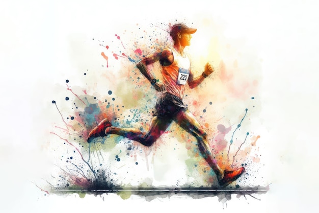 Marathon runner watercolor splash in action isolated on white background