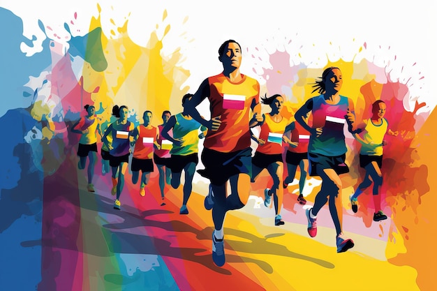 marathon winner finish vector background and group of runners for poster Generative AI