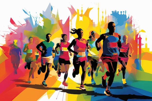 marathon winner finish vector background and group of runners for poster Generative AI