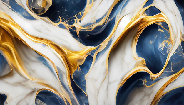 Marble acrylic fluid texture in blue colors wuth golden splashes 3d illustration