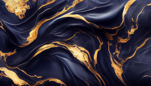 Marble acrylic fluid texture in deep blue colors with golden splashes 3d illustration