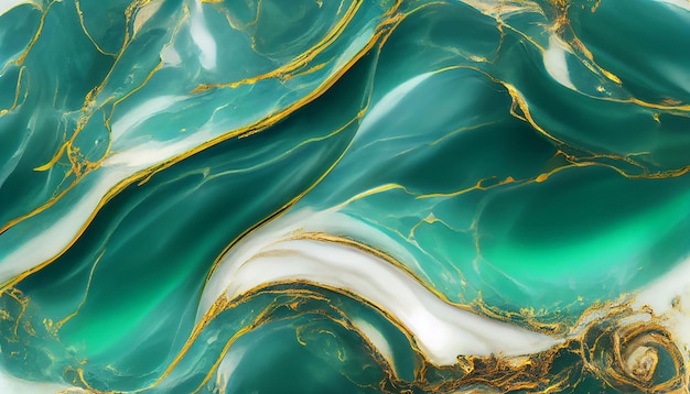 Marble acrylic fluid texture in turquoise colors with golden splashes 3d illustration