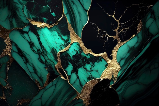 marble background of emerald green color with gold trim or gold threads, decorative background for elegance and luxury design created with Generative AI technology