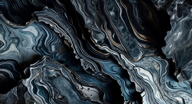 Marble background of layers of deep charcoal and stormy blue veins close up Generative A