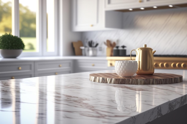 Marble counter tabletop with copy space over blurred modern kitchen background Generative Ai