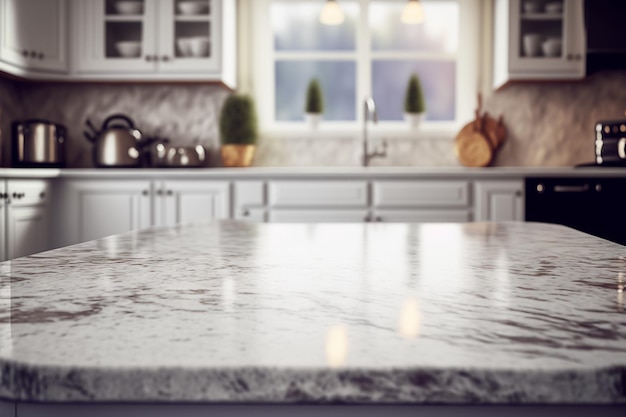 Marble counter tabletop with copy space over blurred modern kitchen background Generative Ai