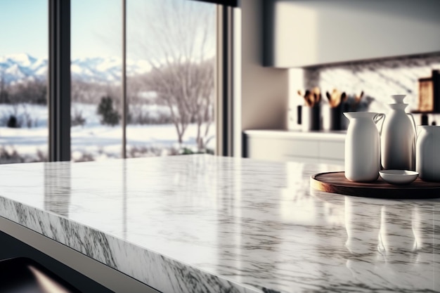 Marble counter tabletop with copy space over blurred modern kitchen background Generative Ai