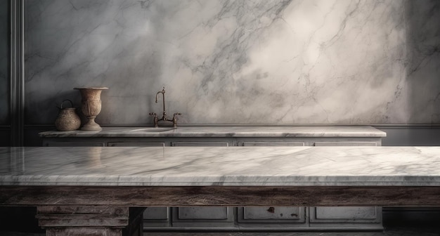 A marble counter top with a sink and faucet