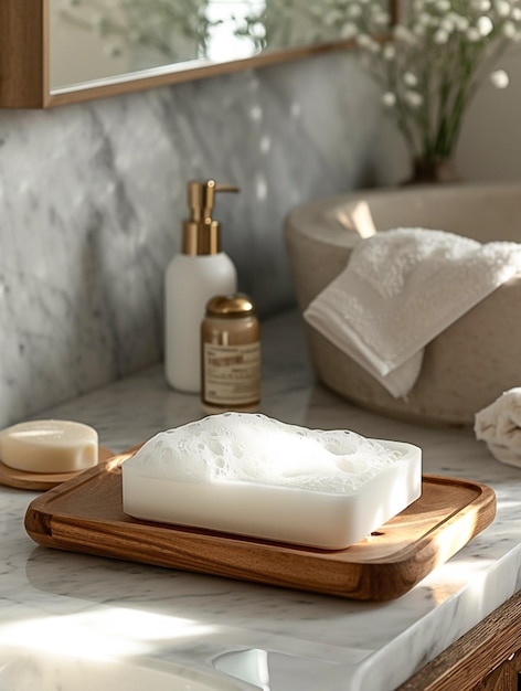 Marble counter top with a soap dish and soap bars