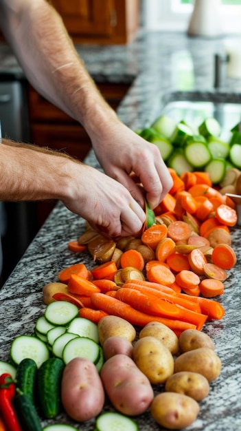 Photo a marble counter where a cook is peeling vegetables carrots potatoes cucumbers