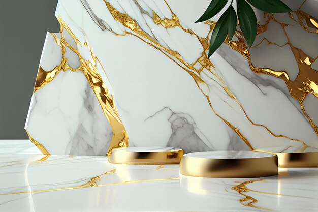 A marble counter with gold and white marbles.