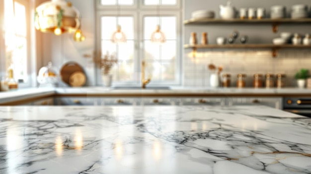 Marble Countertop in a Blurred Modern Kitchen Setting