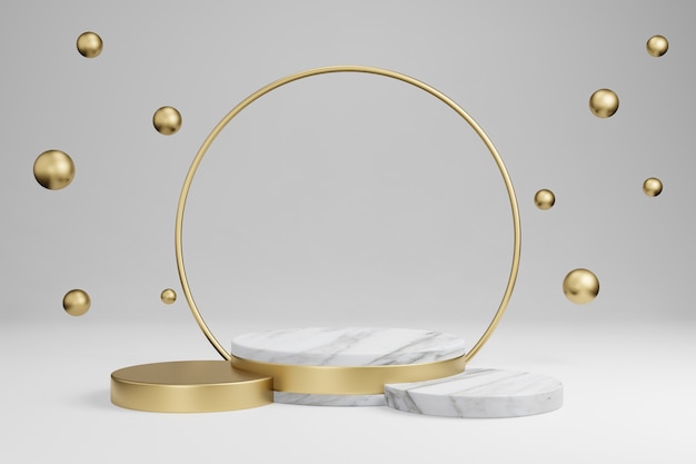 marble cylindrical shapes, podium, platforms for product presentation, with gold object decoration. 3d rendering