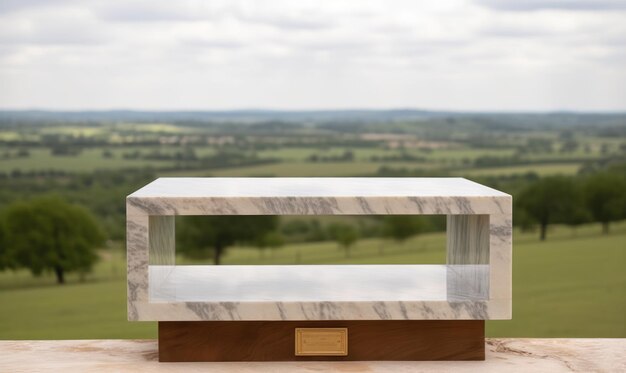 A marble display table with a view of the countryside in the background.