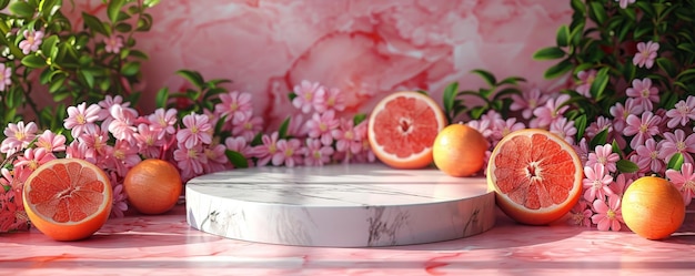 Photo marble display with fresh grapefruit and pink flowers on a vibrant background