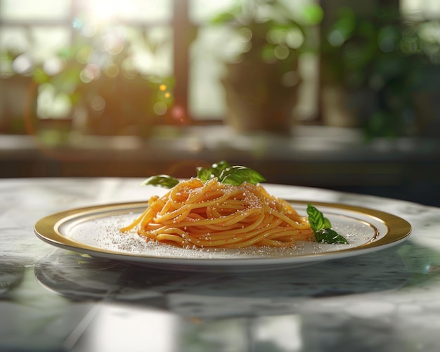 Marble Elegance Softly Backlit Pasta Dish an Exquisite Culinary Composition