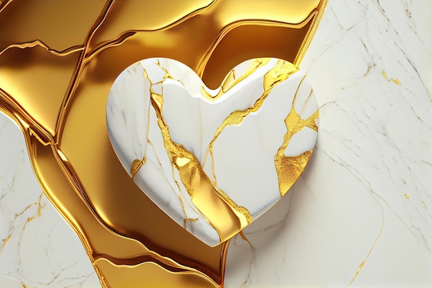 A marble heart with gold and white marble background