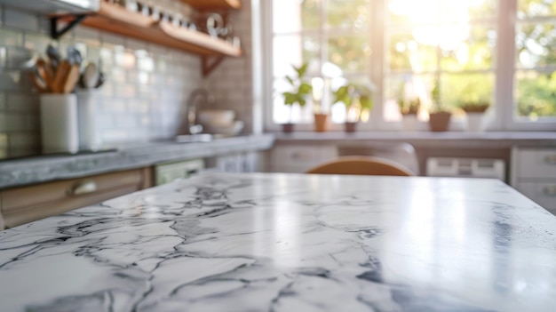 Marble Kitchen Countertop with Blurred Background of Kitchen and Window