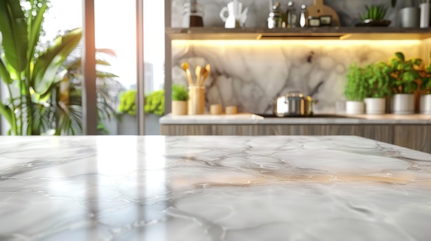 Marble Kitchen Countertop with Blurry Background