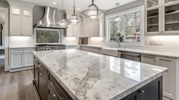 Marble kitchen countertop with copy space over bright elegance kitchen