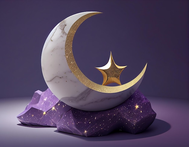 A marble moon and a star on a purple background generative ai