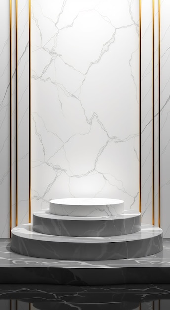 Marble pedestal with gold accents against a white marble background