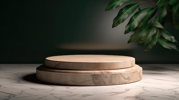 A marble pedestal with a green plant in the corner.