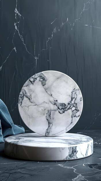 Photo marble plate on a marble stand with a blue cloth