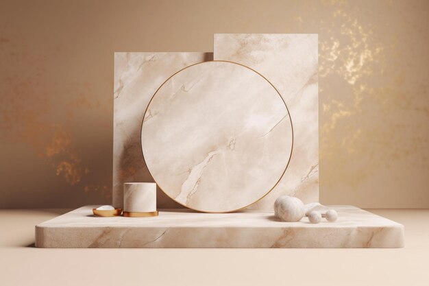 Marble podium 3d display platform for product presentation Calm beige colours with gold in accents