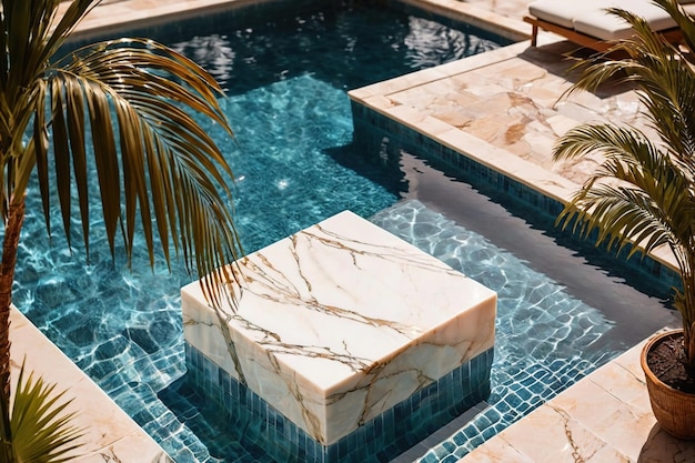 Photo marble podium backdrop background with tropical pool luxury summer vacation theme