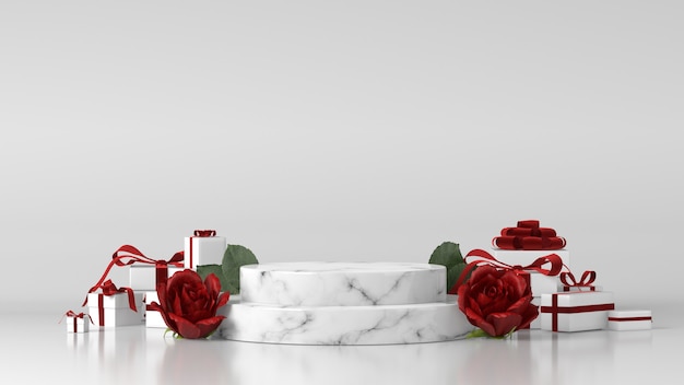 Marble Podium for product placement decorated with rose and gift boxes