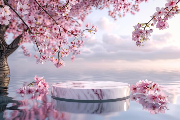 Photo marble podium with cherry blossoms on calm water for spring display