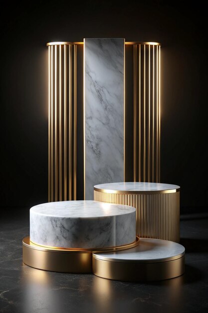 Marble podium with gold on the black background Podium for product cosmetic presentation Creative mock up Pedestal or platform for beauty products