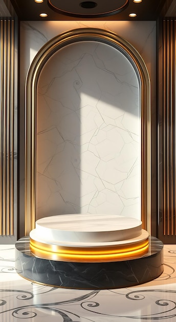 Marble podium with golden archway in a luxurious setting