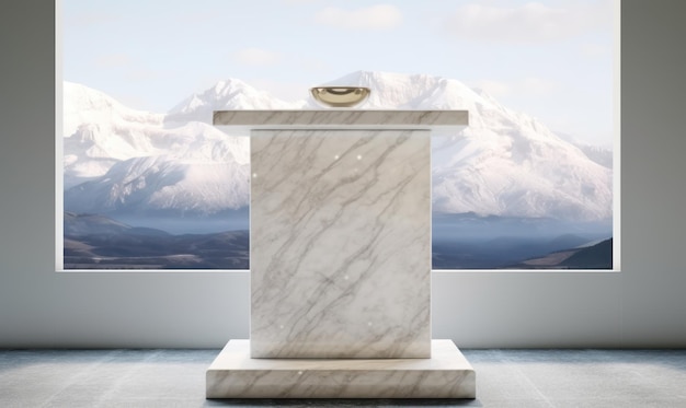 A marble podium with a mountain view in the background.