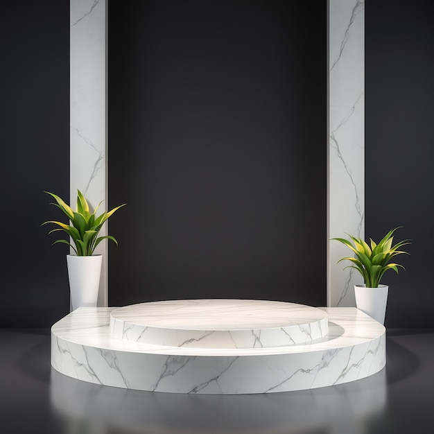 Marble podium with plants on a black background