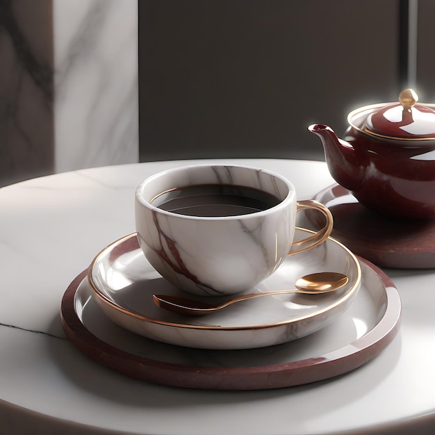 Marble Print Cup of Coffee Sitting on a Wooden Table