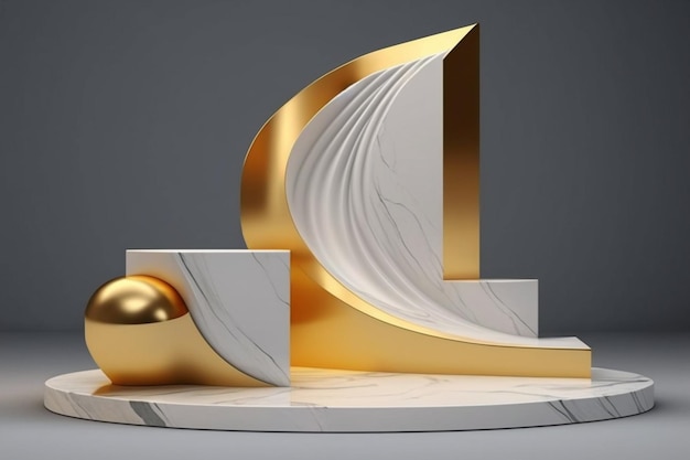 A marble sculpture with a golden l on it