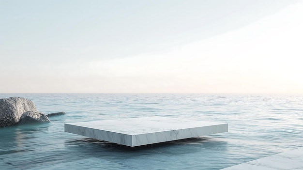 Marble Slab Suspended Over Calm Ocean Water with Rocks and Clear Sky podium for product display